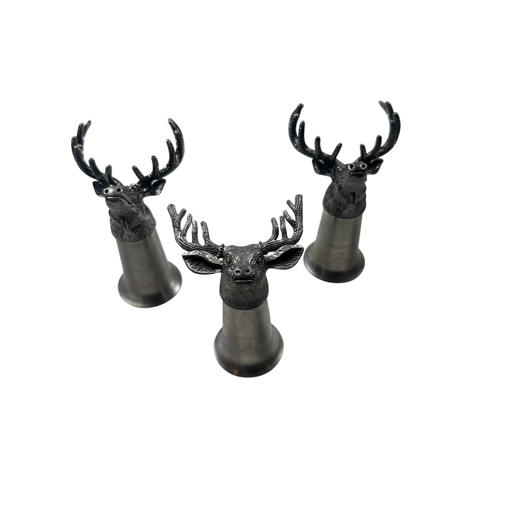 Jägermeister Pewter Shot Glasses Deer Head Antler Metal Lot of 3 Barware‎